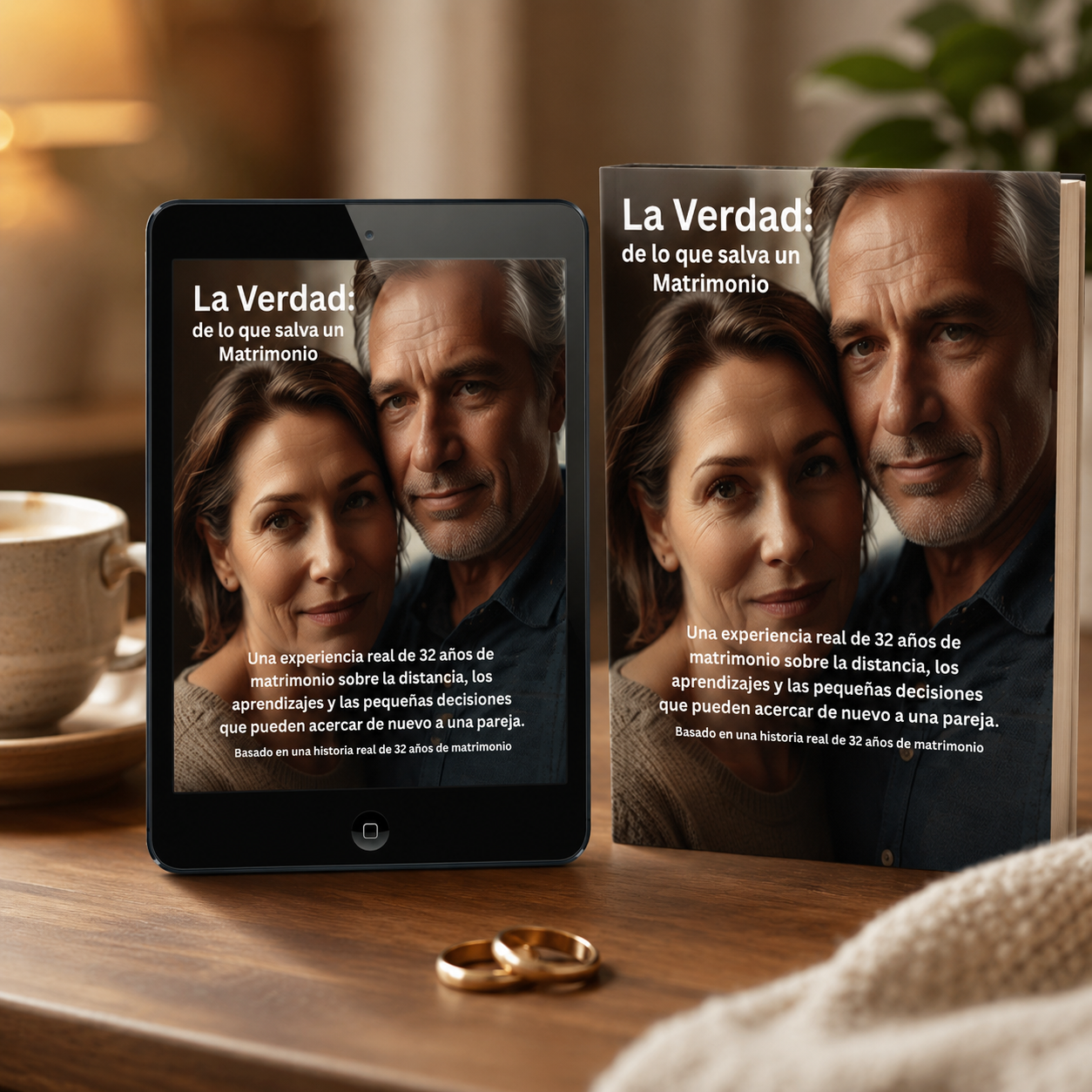 Mockup del ebook interactivo La Verdad de lo que Salva un Matrimonio mostrado en una tableta y una edición impresa ilustrativa. Las personas son representaciones visuales.